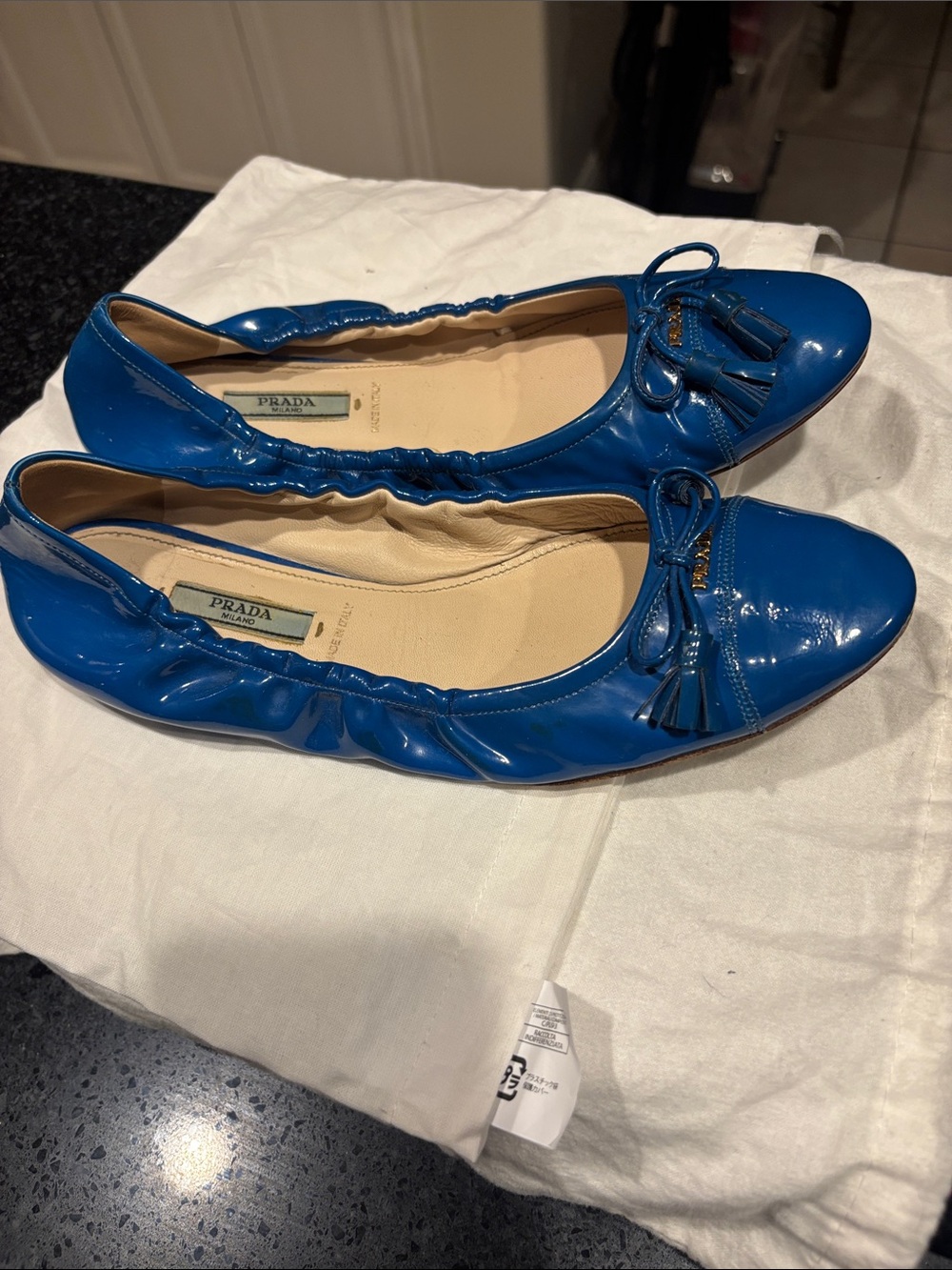 Prada Patent Leather Ballet Flats in Bright Blue with Tassels size 40